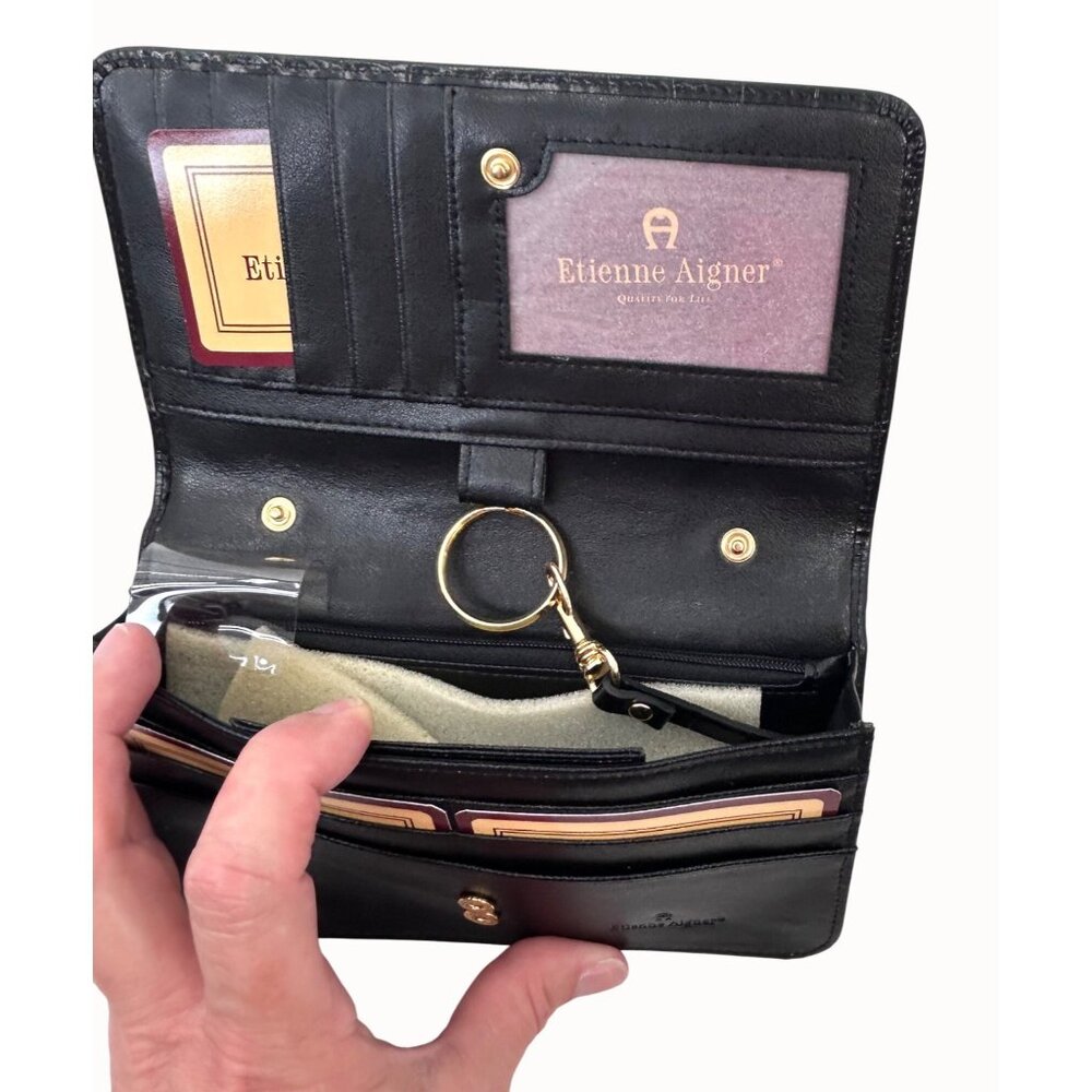 NWOT Etienne Aigner Black Croc-Embossed Leather Foldover Wallet - Picture 7 of 7